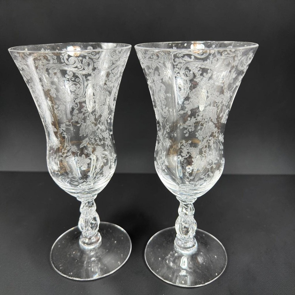 Cambridge Chantilly Etched Glass Goblets Cups Clear Floral Stemware Set of 2